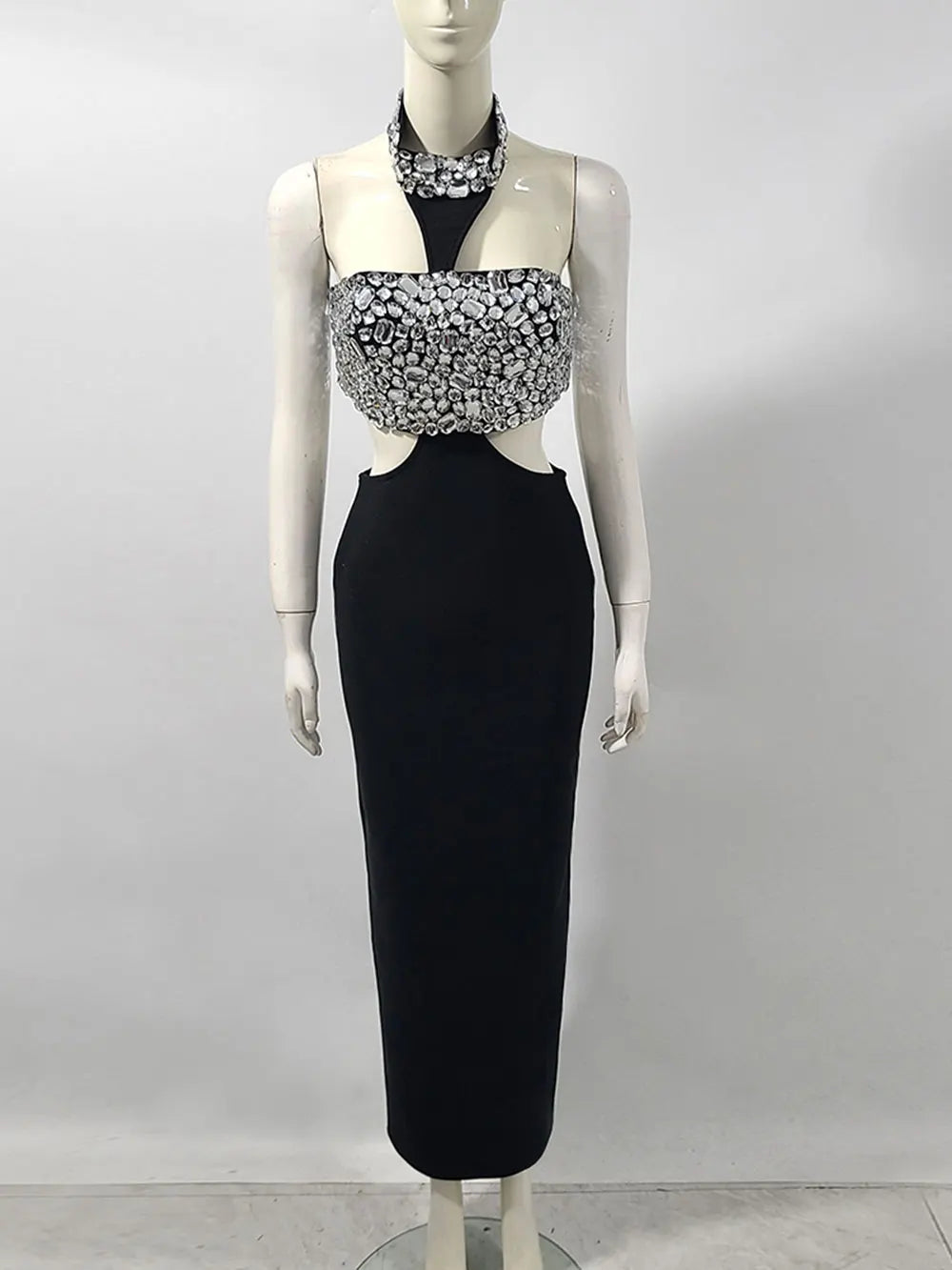 2025 Sexy Women's Light Luxury Nail Bead Design Bandage Dress Hanging Neck Sleeveless Waist Design Bodycon Long Dress Vestitos