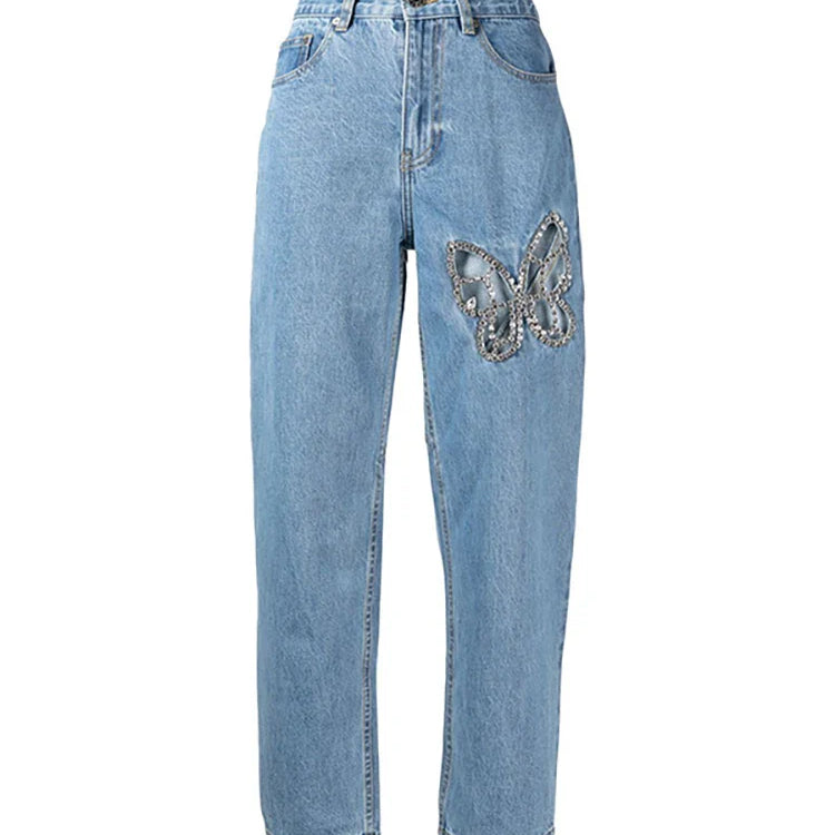 DEAT Women Notched Collar Diamond Tassel Short Denim Coat High Waist Butterfly Hollow Out Jeans Summer New Fashion 29L2717