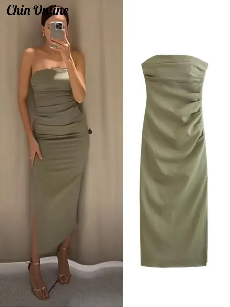 Fashion Dress Summer Women Midi Chic Ruched Elegant Tube Top Tight Holiday Dress Street Comfortable Solid Women Dresses