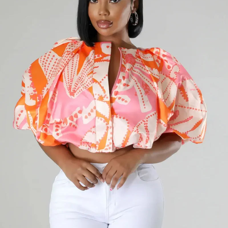 CM.YAYA Summer Street Women Shirts Fashion Ruched Short Puff Sleeve Mini Blouse 2024 Street Print Casual Holiday Shirts Tops