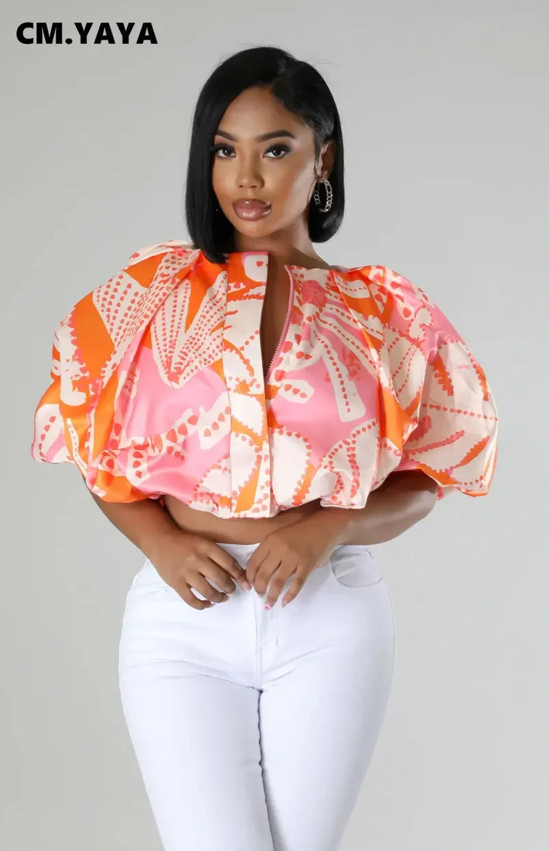 CM.YAYA Summer Street Women Shirts Fashion Ruched Short Puff Sleeve Mini Blouse 2024 Street Print Casual Holiday Shirts Tops