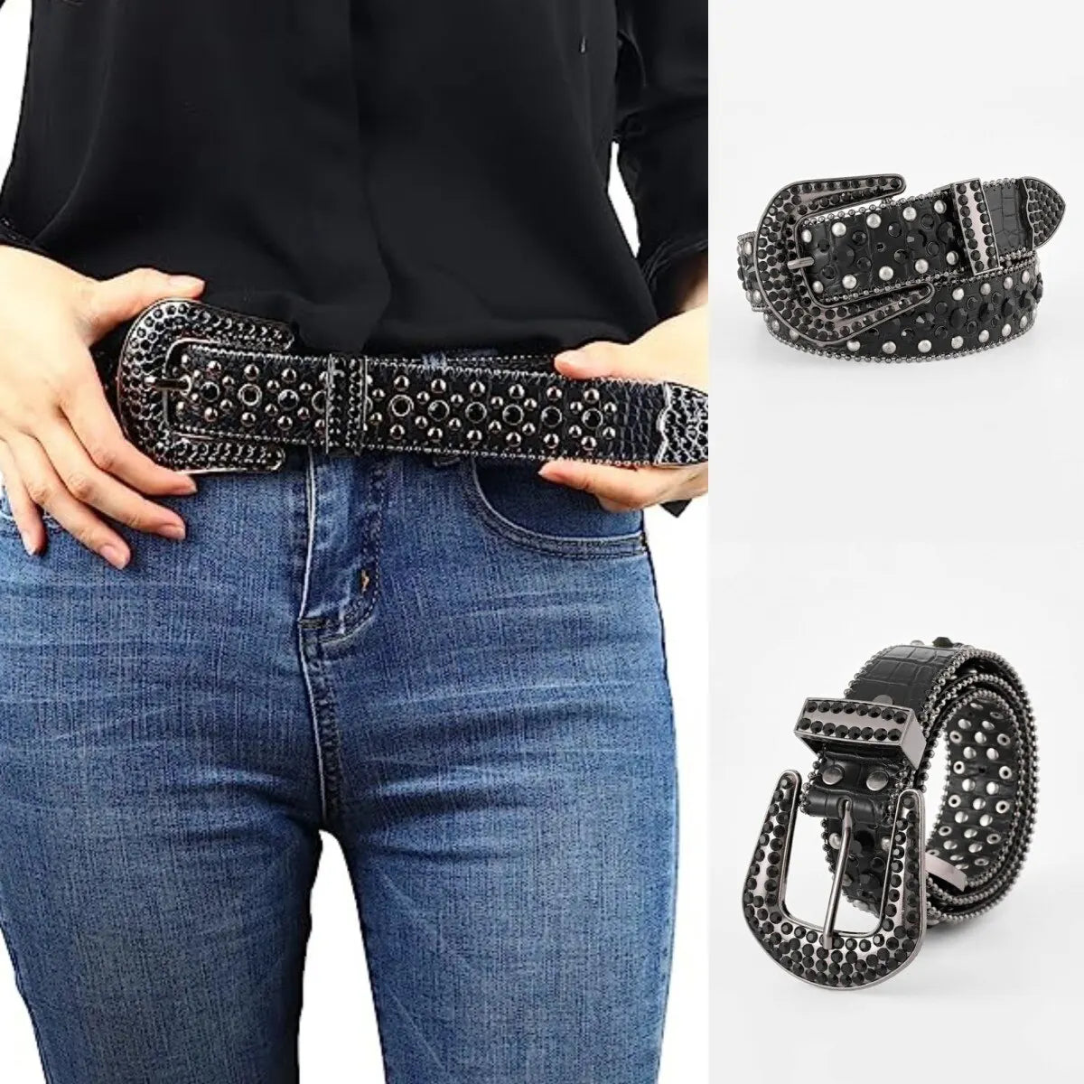 Women's Jeans Rhinestone Large Size Belt Men's Belt Western Denim Shiny Rivet Design Leather HipHop Punk Rock Y2K Style Belt - Basso & Brooke