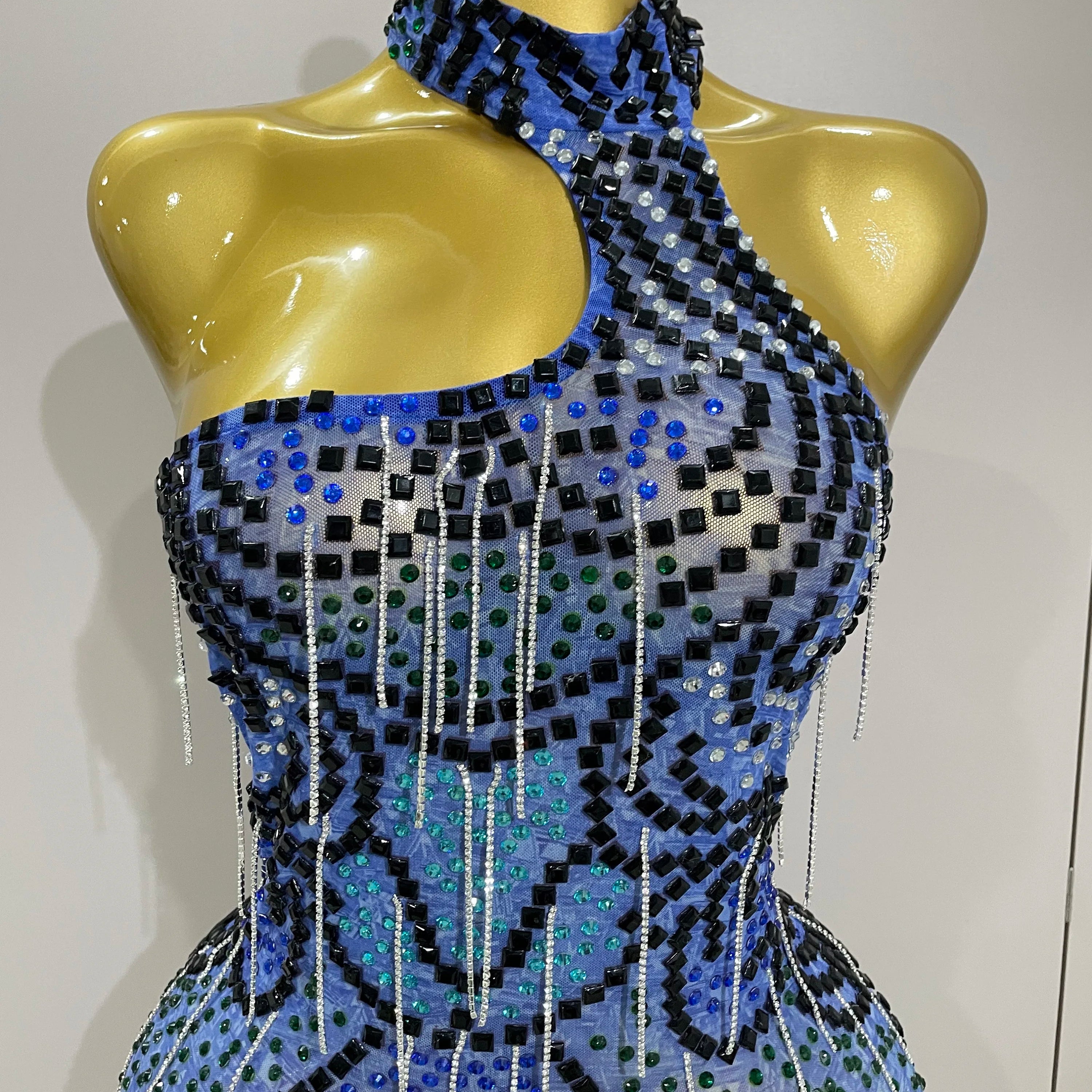 Sexy Sparkly Rhinestones Chains Blue Mesh Short Dress 2025 New Women Party Celebrate Birthday Dresses Photo Shoot Stage Wear