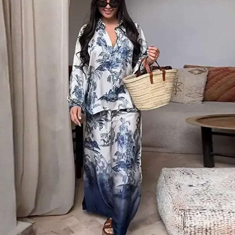 Elegant Women Print Loose Shirt Pants 2 Pieces Set Chic Lapel V Neck Long Sleeve Blouse Straight Pant Suit Casual Lady Outfits