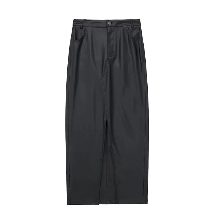 TRAF 2023 Autumn Women's Zipper Fly Lady Skirts Mujer Side Pockets Faux Leather Midi Skirt Clothing