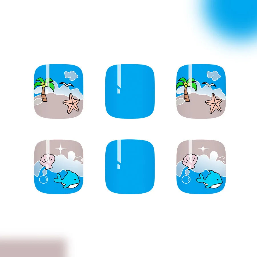 24pcs Summer Beach False Toenails Blue French Square Fake Toenails Wearable Coconut Trees Shell Print Press on Nails for Toe
