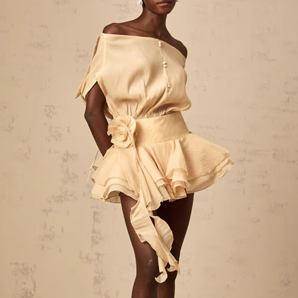 Solid Loose Spliced Ruffles Mini Dresses for Women Slash Neck Sleeveless Patchwork 3D Flower Dress Female Clothing