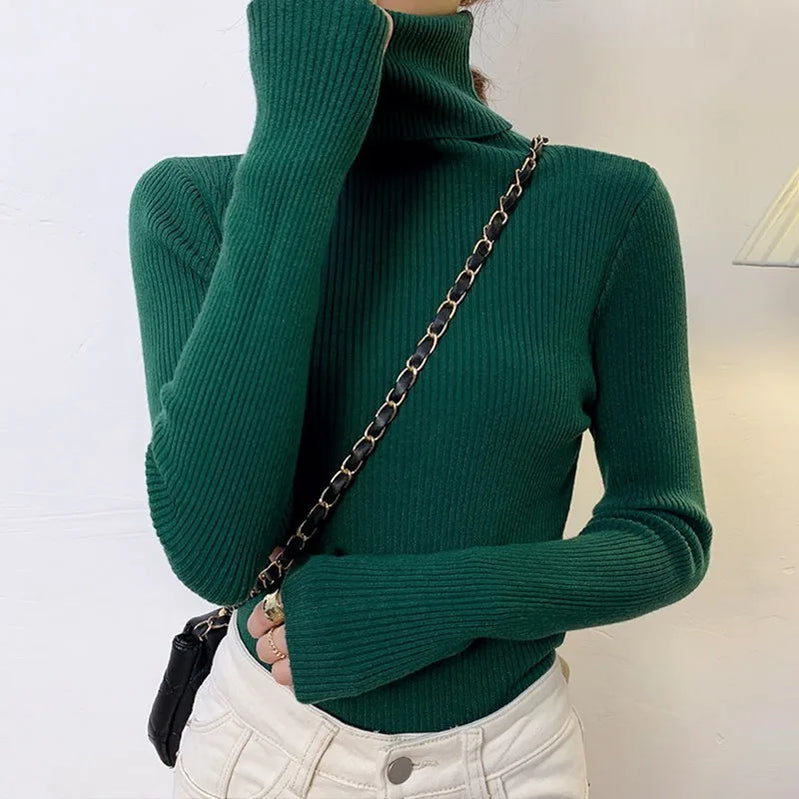 Winter Turtleneck Women's Sweater Knitted Pullover Soft Slim Long Sleeve Top Solid Color Basic High Neck Jumper Woman Clothing dark green-High neck One Size(40-65kg)