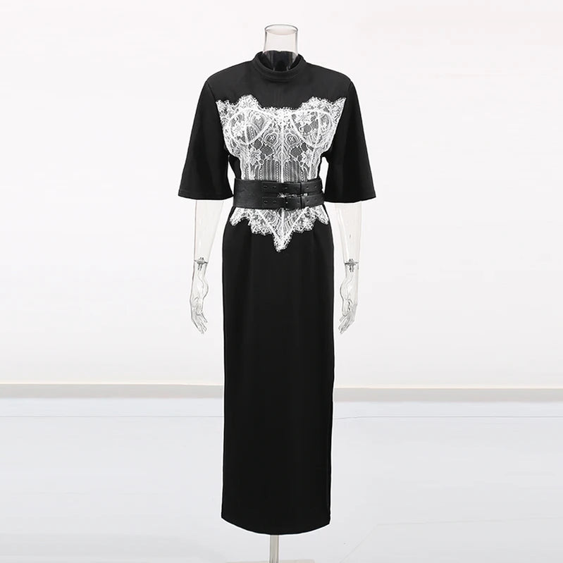 TWOTWINSTYLE Hit Color Slimming Spliced Lace Dresses for Women Round Neck Half Sleeve Split Temperament Dress Female Fashion New