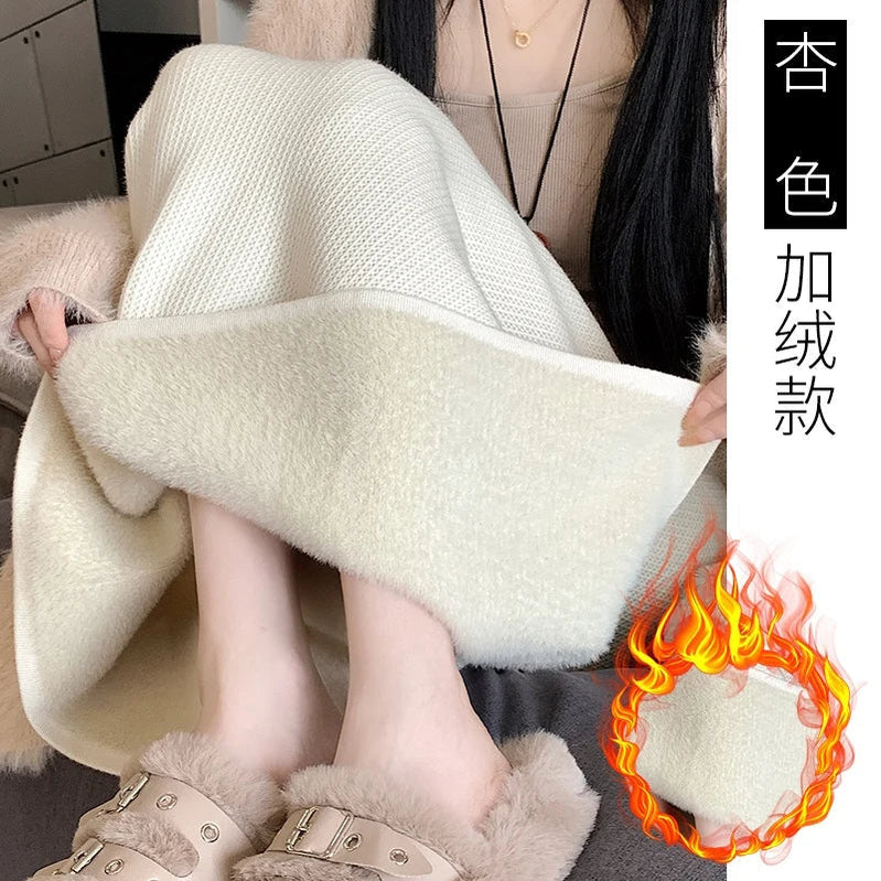 Women Sweater Skirt Pencil Knitted Skirt High Waist Skirts Womens Winter 2023 Long Warm Knitting Skirts Straight Split Bottoms Apricot Plus velvet