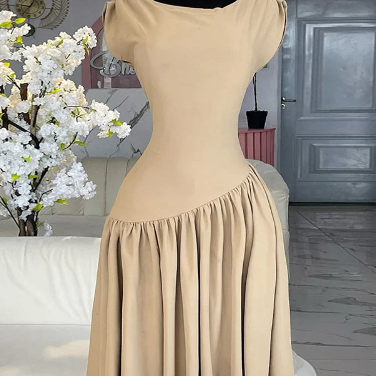 CM.YAYA Women Ruched Shoulder Big Swing Ball Gown Pleated Vintage Dress 2025 Sexy Club Party Evening High Street Dresses