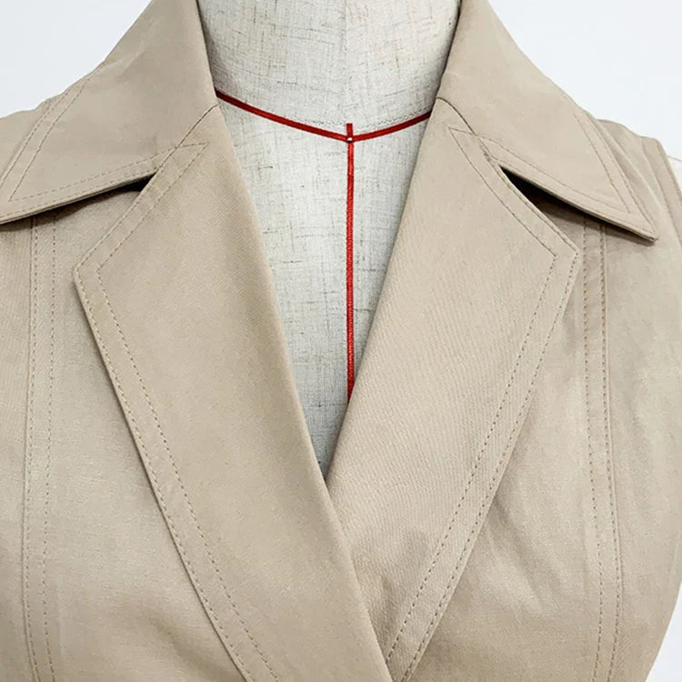 Top Quality Newest Stylish Summer Designer Women's Sleeveless Notched Collar Double Breasted Lion Buttons Mini Cotton Dres