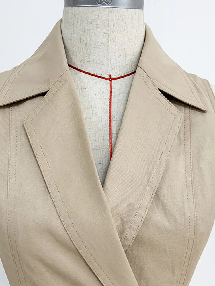 Top Quality Newest Stylish Summer Designer Women's Sleeveless Notched Collar Double Breasted Lion Buttons Mini Cotton Dres