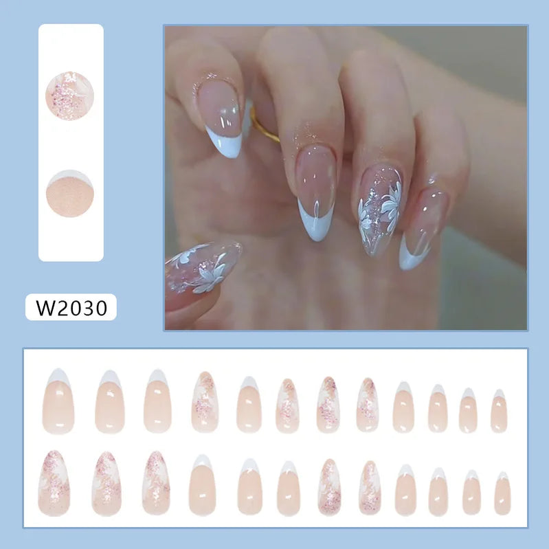 24pcs Light Blue French Press on Nails White Flower Print Simple Short Nails Full Cover Wearable False Nails