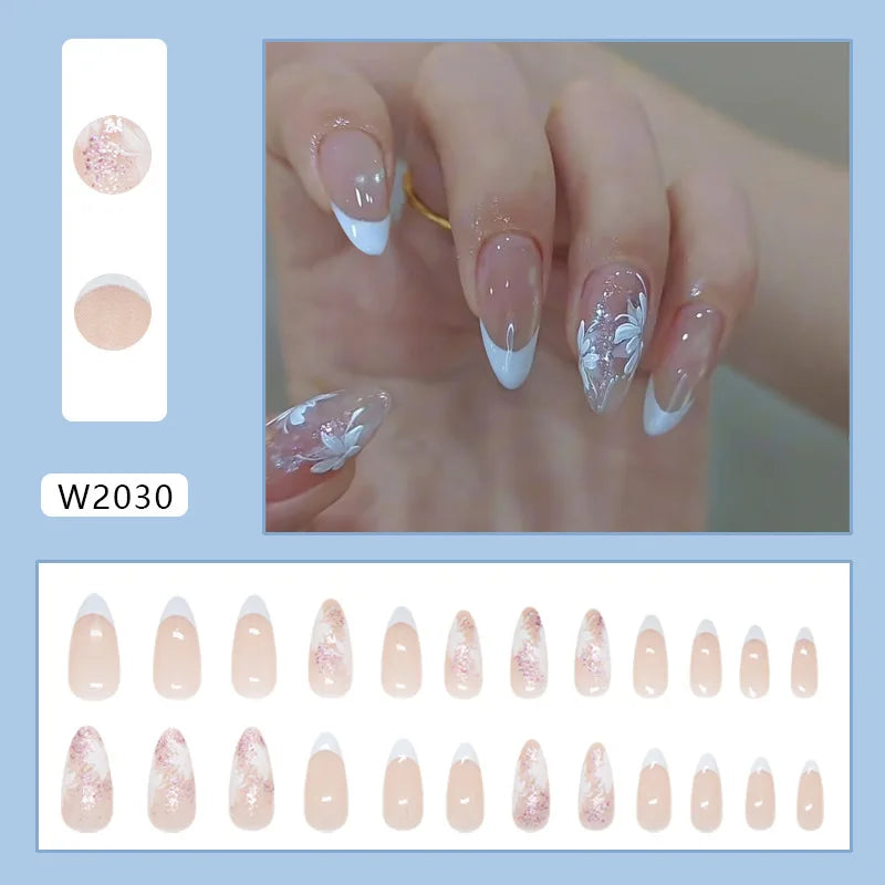 24pcs Light Blue French Press on Nails White Flower Print Simple Short Nails Full Cover Wearable False Nails