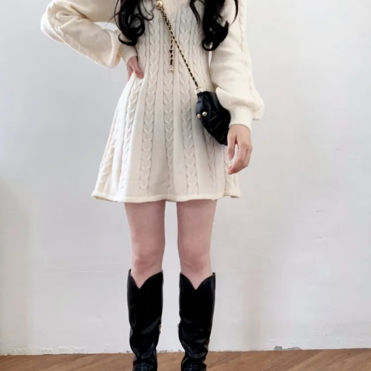 Knit Knitted Sweater Mini Dress Women Casual Lantern Sleeve Short Dresses Autumn Winter V-neck Outfits Female