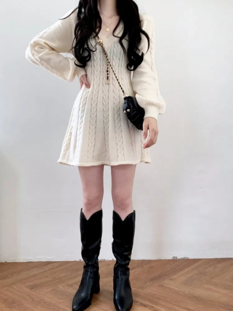 Knit Knitted Sweater Mini Dress Women Casual Lantern Sleeve Short Dresses Autumn Winter V-neck Outfits Female