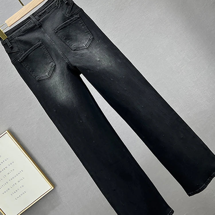 Women's Jeans High Waist Solid Color Sequins Diamond Loose Straight Wide Leg Denim Pants Winter Fashion