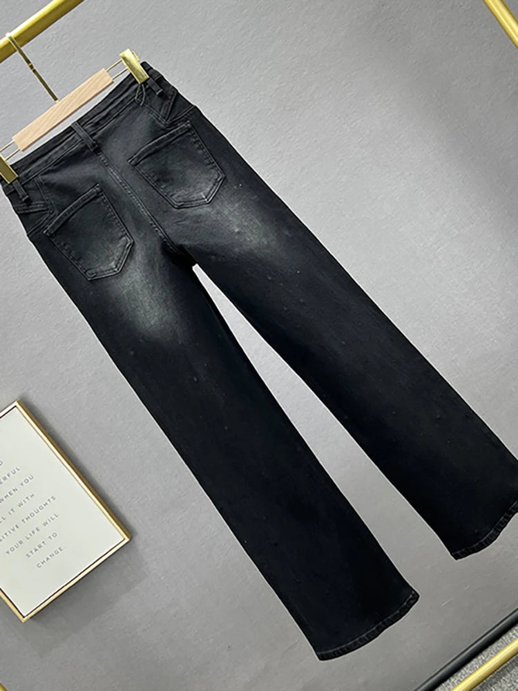 Women's Jeans High Waist Solid Color Sequins Diamond Loose Straight Wide Leg Denim Pants Winter Fashion