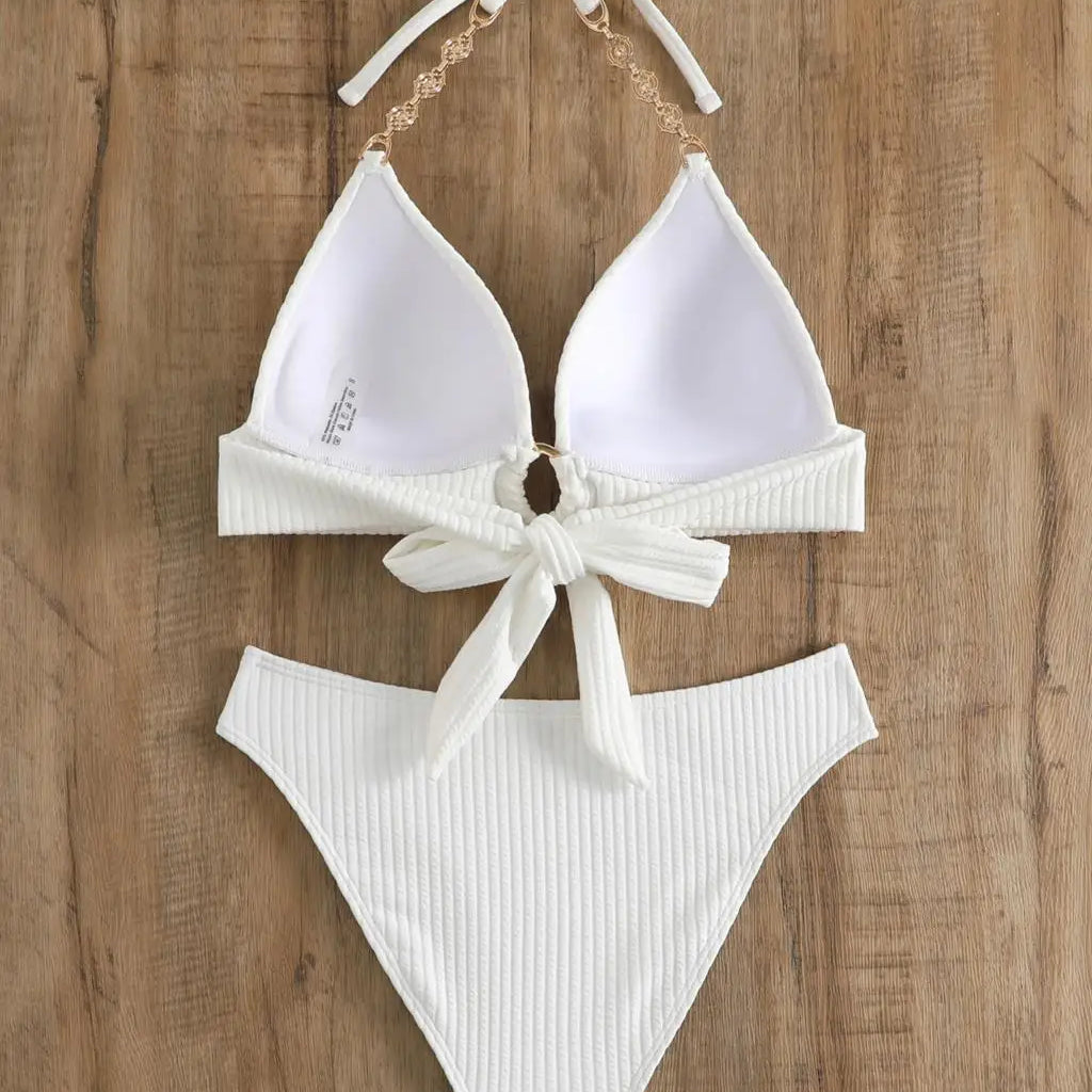Chain Linked Cut Out Halter Bikini Sexy Swimsuit Women White Swimwear Female Bathers Bathing Swimming Swim Suit Beachwear