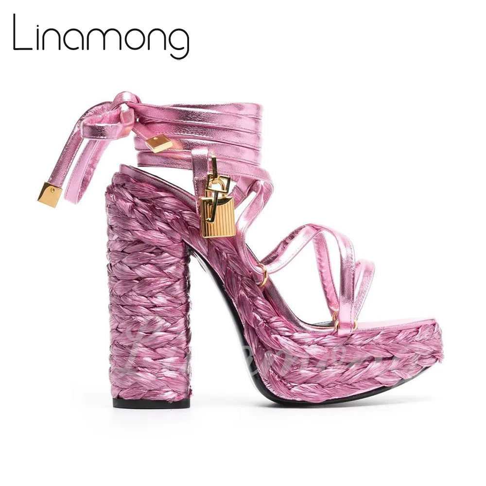 Metallic-Effect Leather Platform Sandals Metal Lock Ankle Strap Espadrilles for Women Luxury Design Round Toe Strap Summer Shoes Pink