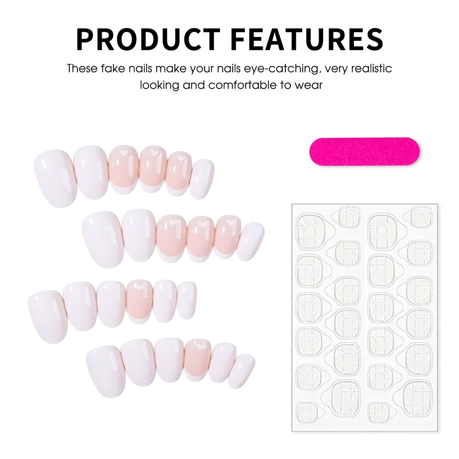 Short Oval Shaped False Nails for Women 24Pcs White French Press On Nails Love Heart Printed Wearable Acrylic Fake Nails Patches