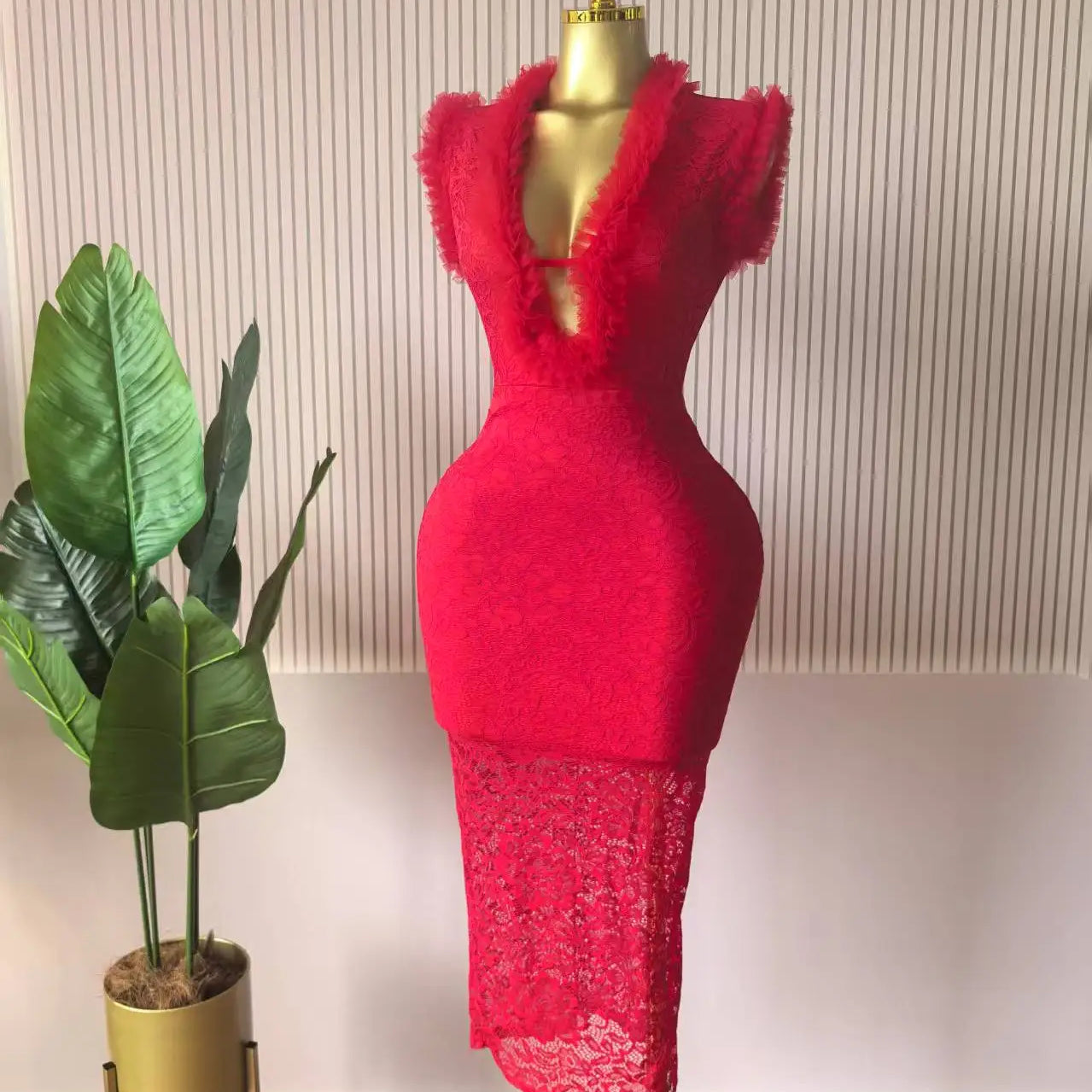 CM.YAYA Women Ruffles Splicing Deep V-neck Lace Floral Bodycon Midi Dress 2025 Birthday Night Club Party Vestidos Sexy Dresses