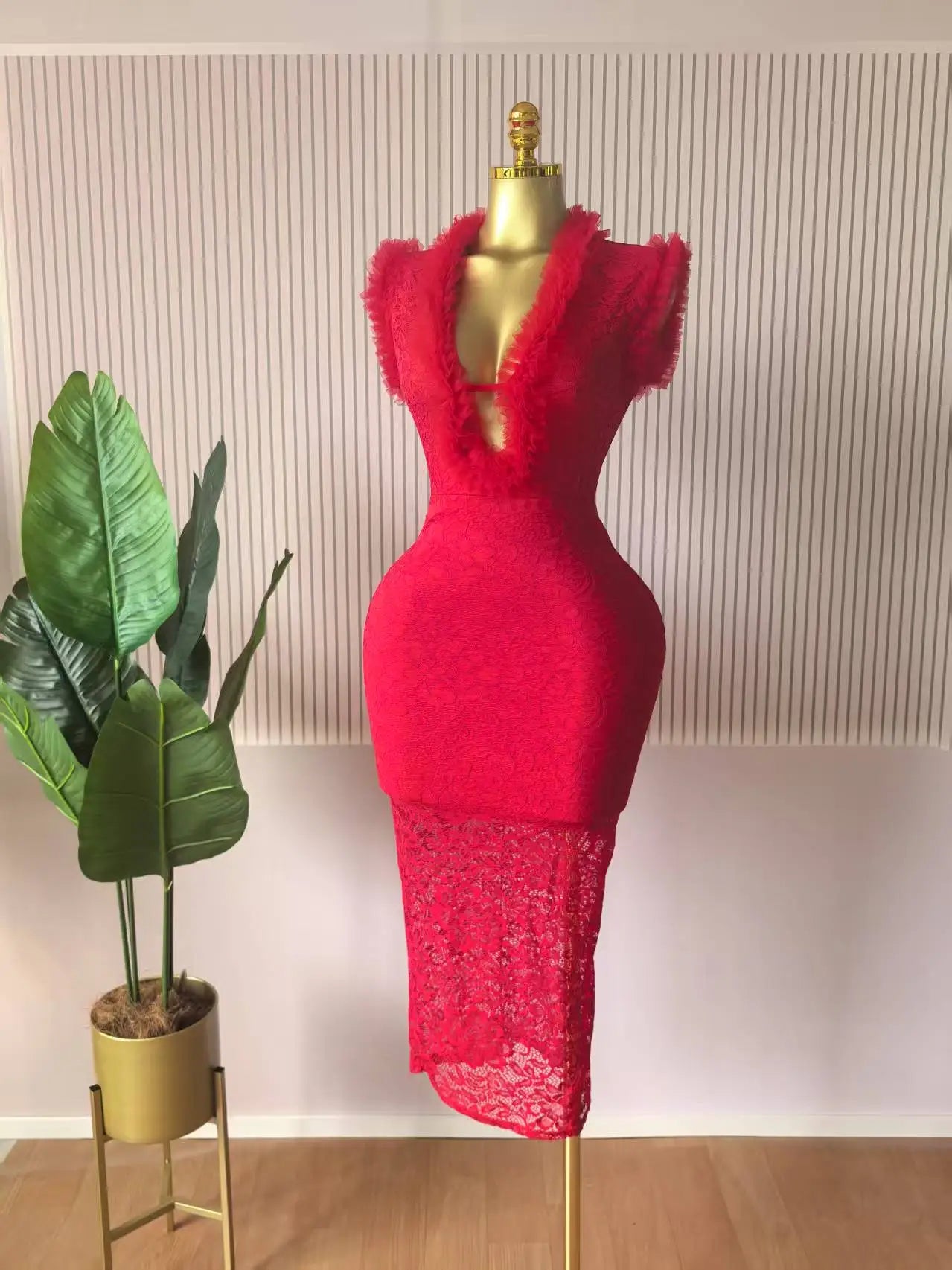 CM.YAYA Women Ruffles Splicing Deep V-neck Lace Floral Bodycon Midi Dress 2025 Birthday Night Club Party Vestidos Sexy Dresses