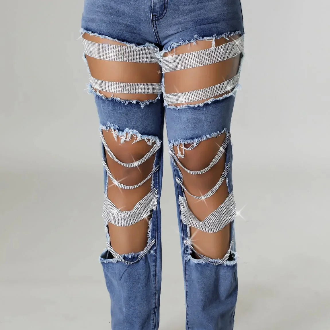 CM.YAYA Women Fashion Pearl Beading Ripped Hollow Out Tassel Wide Leg Jeans 2024 New Summer INS Street Denim Pants Trousers