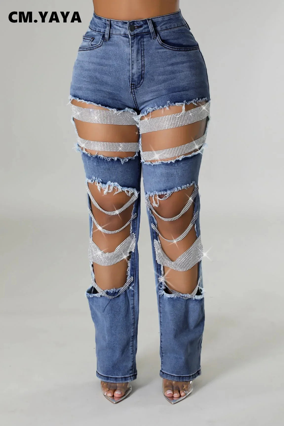 CM.YAYA Women Fashion Pearl Beading Ripped Hollow Out Tassel Wide Leg Jeans 2024 New Summer INS Street Denim Pants Trousers