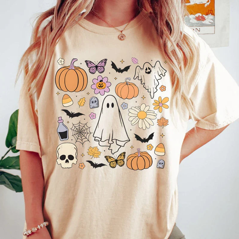 Ghost Print T-shirt, Halloween T-shirt, Short Sleeve Crew Neck Leisure T-shirt For Spring & Summer, Women's Clothing