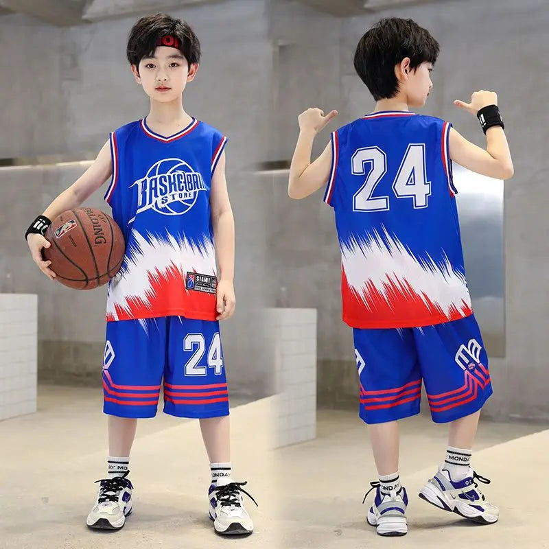 Boys Summer Quick-Dry Basketball Sports Suits 4-14 Years Boys Sleeveless Vset+Short Pants 2pcs Sets Kids Sports Outfits Clothing Blue