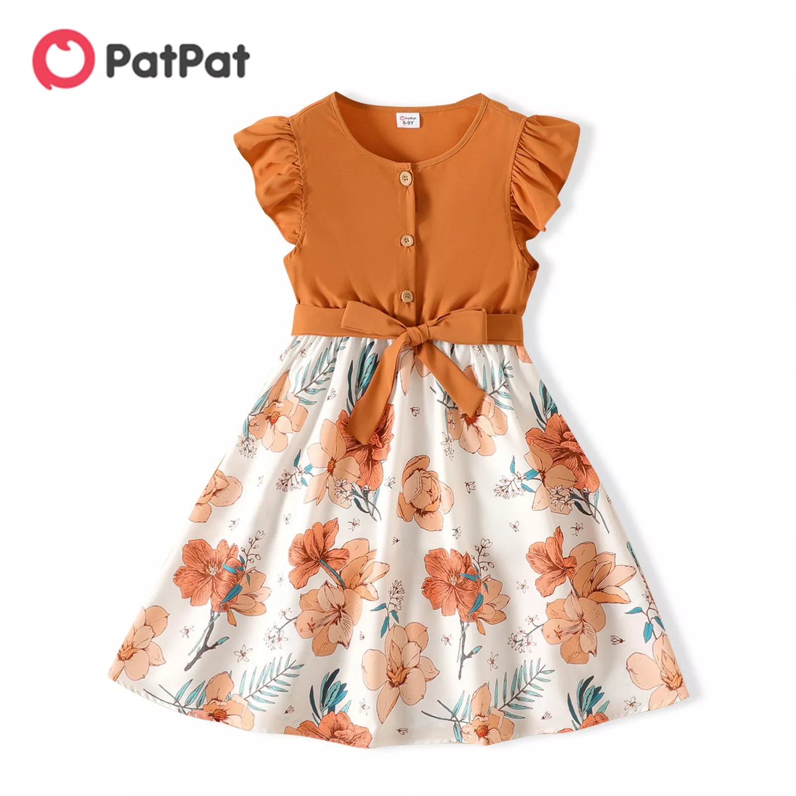 Girl Kids Dress Girl Dresses for Very Elegant Party Ruffled Floral Print Splice Belted Flutter-sleeve Dress Girl Clothing