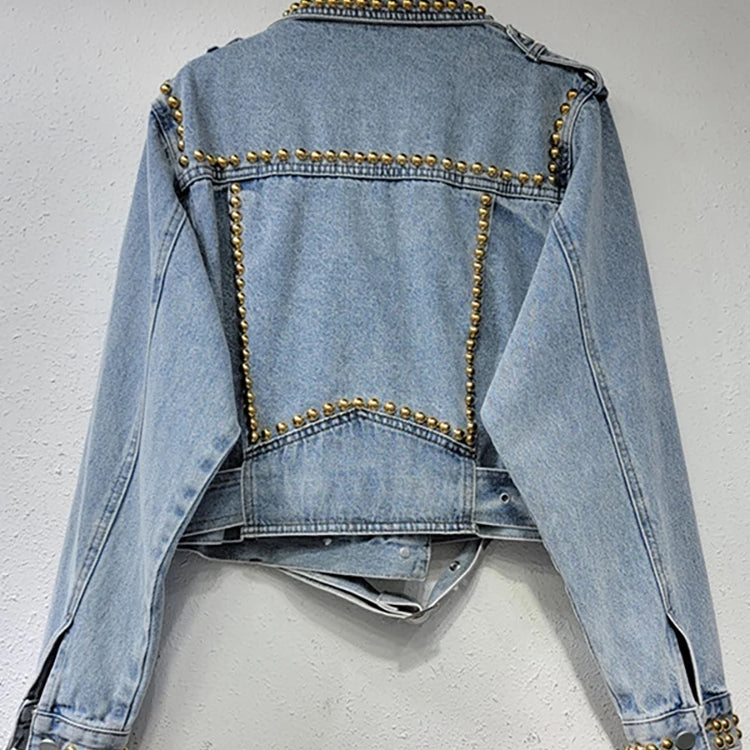 Women's Denim Coat Colored Embroidered Flares Rivet Long Sleeve Belt Waist Short Jackets Autumn New Fashion