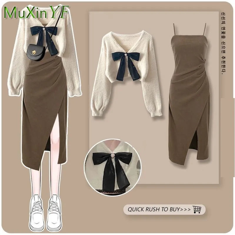 Høst/vinter Nytt matchende sett Kvinners elegante genser Split Sling Skirt Todistikk Koreansk Elegant Bow Cardigan Dress Suit