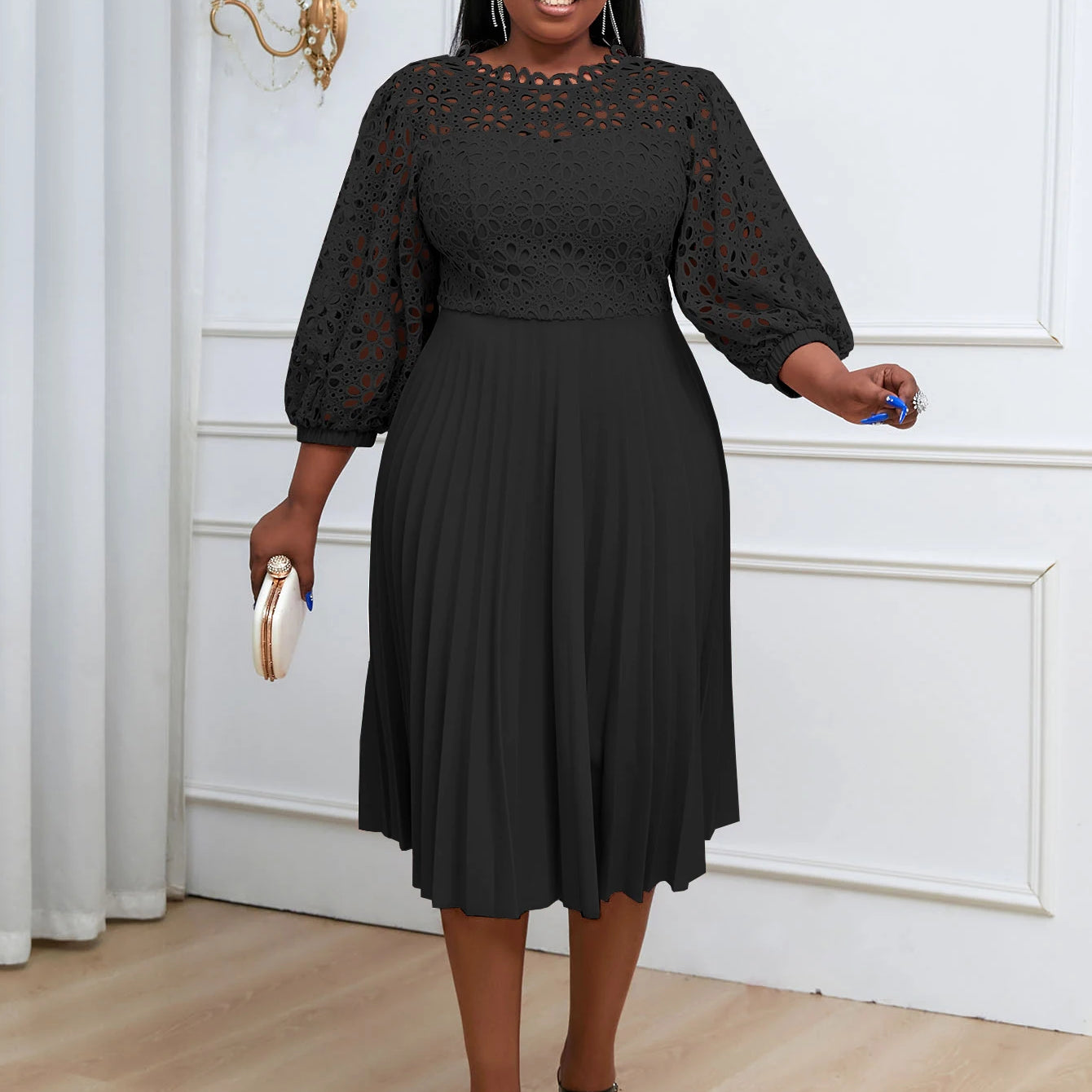 Women Elegant Summer White Pleated Dress Plus Size Hollow Out Lace Sleeve Midi Dresses Elegant Party Birthday Church Outfits black