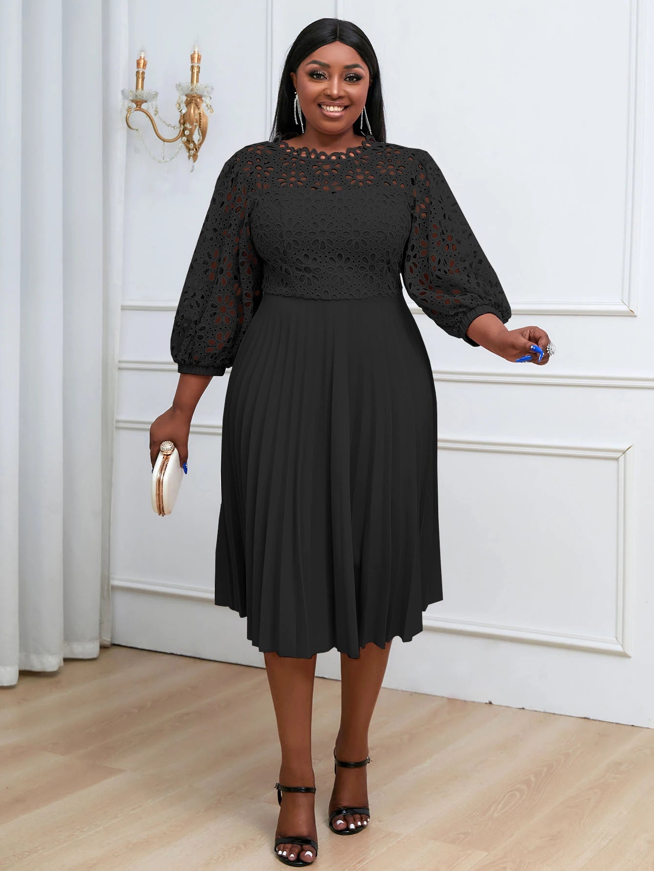 Women Elegant Summer White Pleated Dress Plus Size Hollow Out Lace Sleeve Midi Dresses Elegant Party Birthday Church Outfits black