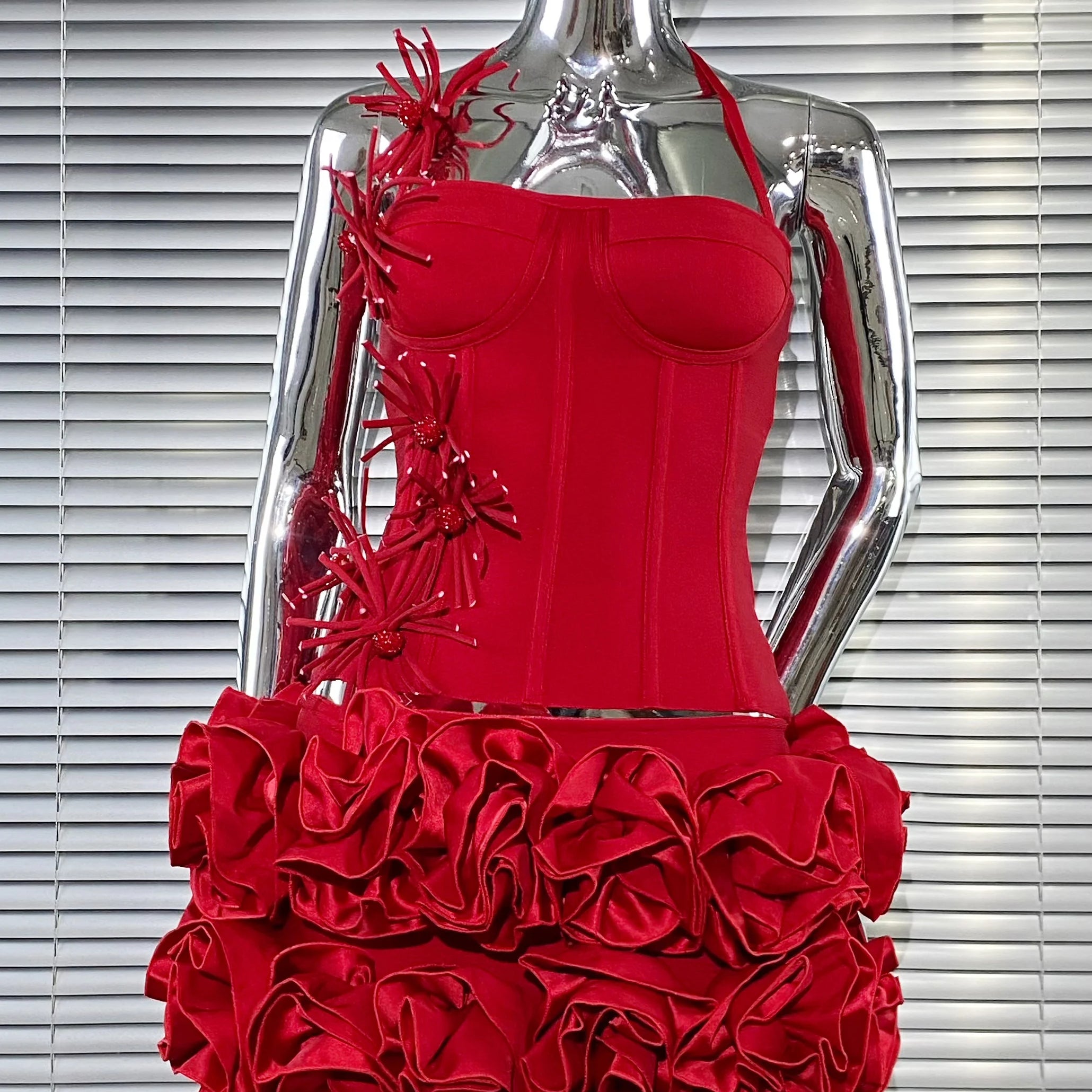 Black Red Color Women Sexy Strapless Laced-up Tops Florlas Bodycon Mini Skirt Set Celebrate Birthday Party Cocktail Dress