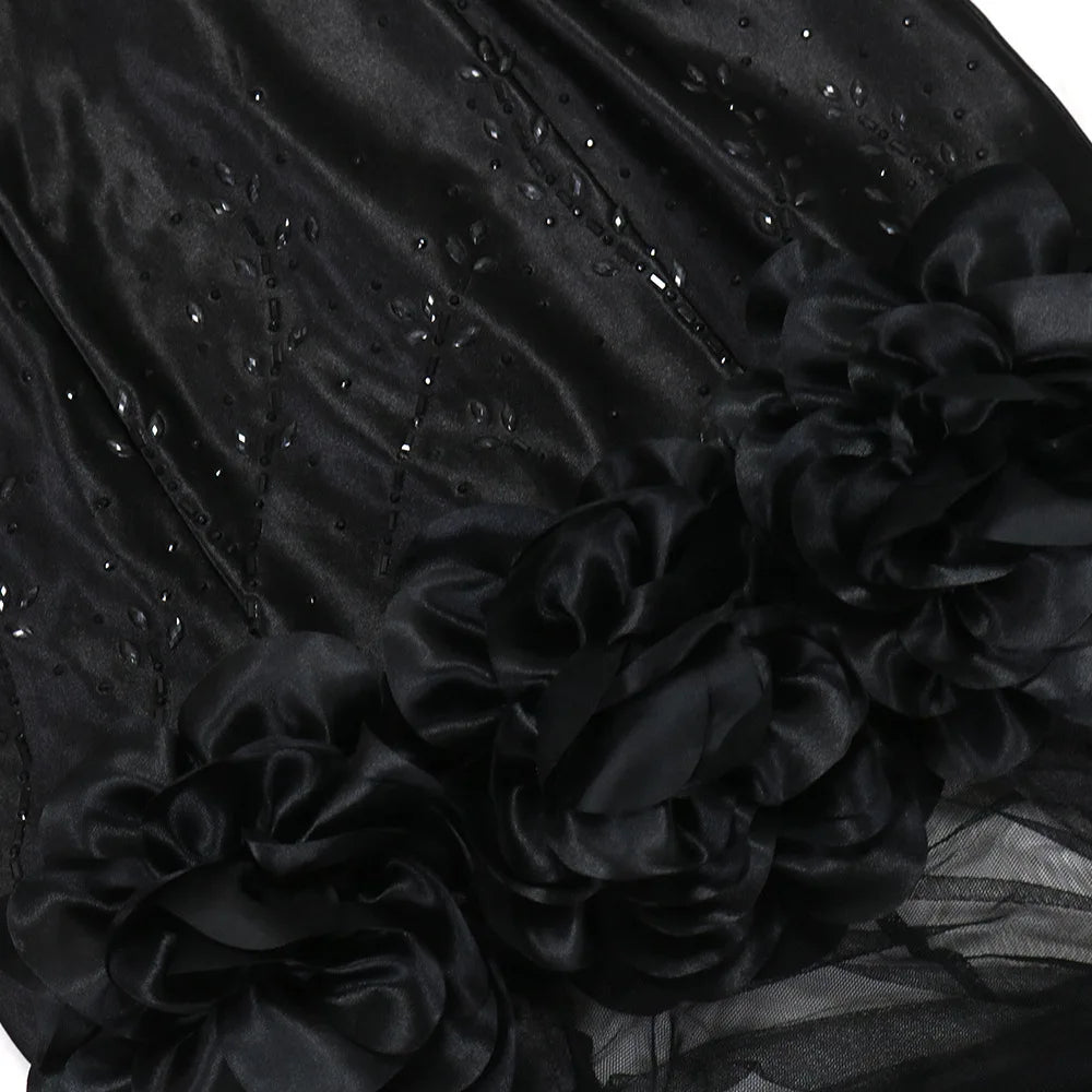 CM.YAYA Diamonds 3D Flower Mesh See Through Women Sleeveless Bodycon Long Dress Birthday Party Evening Prom Maxi Mermaid Dresses