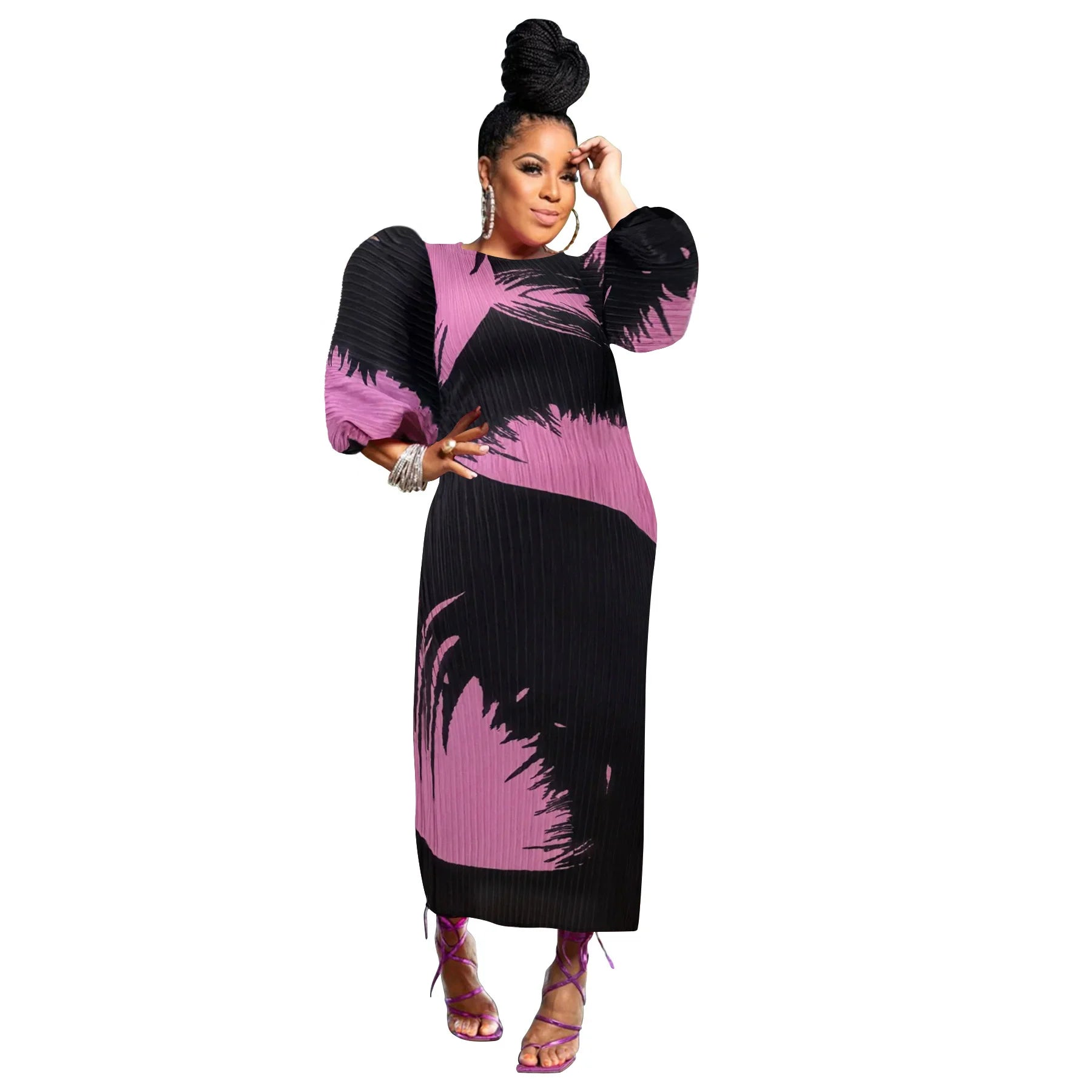 CM.YAYA Elegant Women Pleated Half Lantern Sleeve O-neck Slim Maxi Long Dress Print Fashion Autumn 2024 Ruched Dresses Vestidos