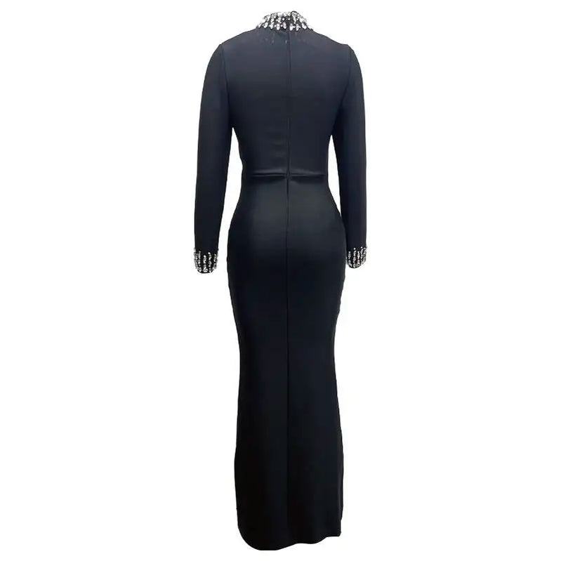 Winter Style Women Long Sleeve Sexy Mesh Sparkly Crystal Bodycon Long Bandage Dress Fashion Celebrate Evening Party Dress