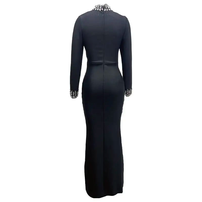 Winter Style Women Long Sleeve Sexy Mesh Sparkly Crystal Bodycon Long Bandage Dress Fashion Celebrate Evening Party Dress