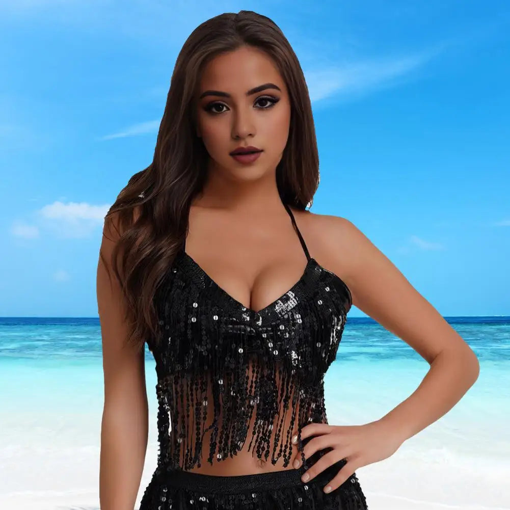 Sequin Tank Top Sparkling Sequin Fringe Halter Top for Women Belly Dance Nightclub Performance Bra Shiny Bronzing Vest Sexy