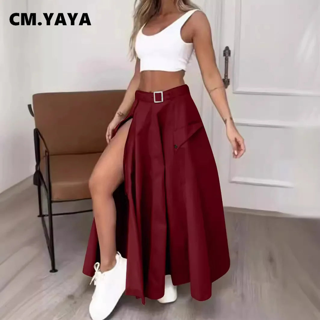 CM.YAYA Women Fashion Pocket Front Zipper Slit Slim High Waist Maxi Skirt Streetwear Casual Safari Solid Long Skirts
