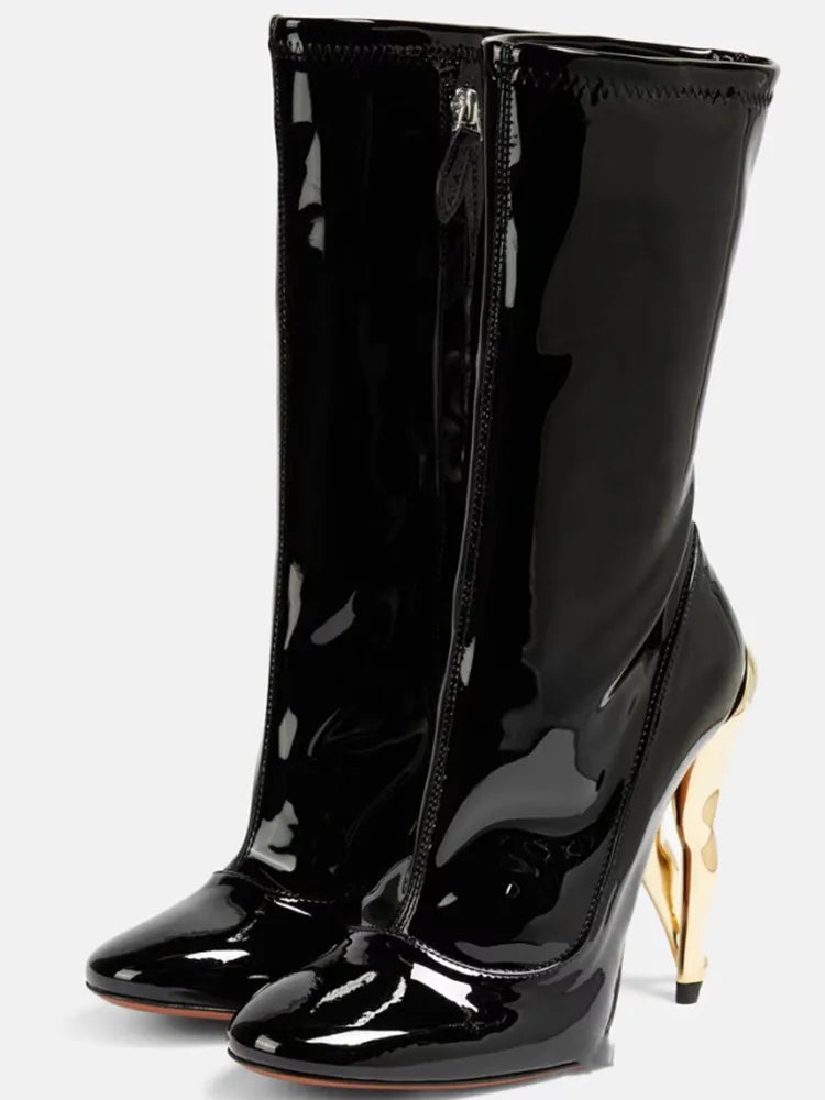 Women's New Lacquer Leather Black Show Irregular High Heel Knee Length Women's Boots Fashion Round Head Side Zipper Party Boots w522-black