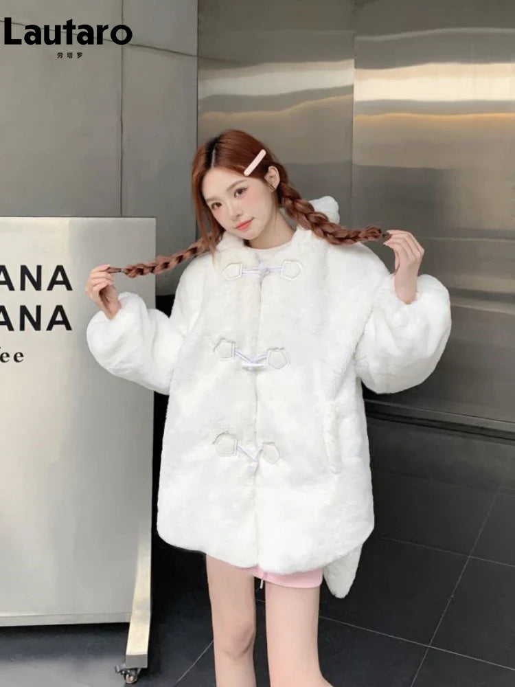 Winter Oversized Warm White Faux Fur Coat Women ith Bunny Ears Kawaii Sweet Cute Japanese Style Fluffy Jacket Hoodie
