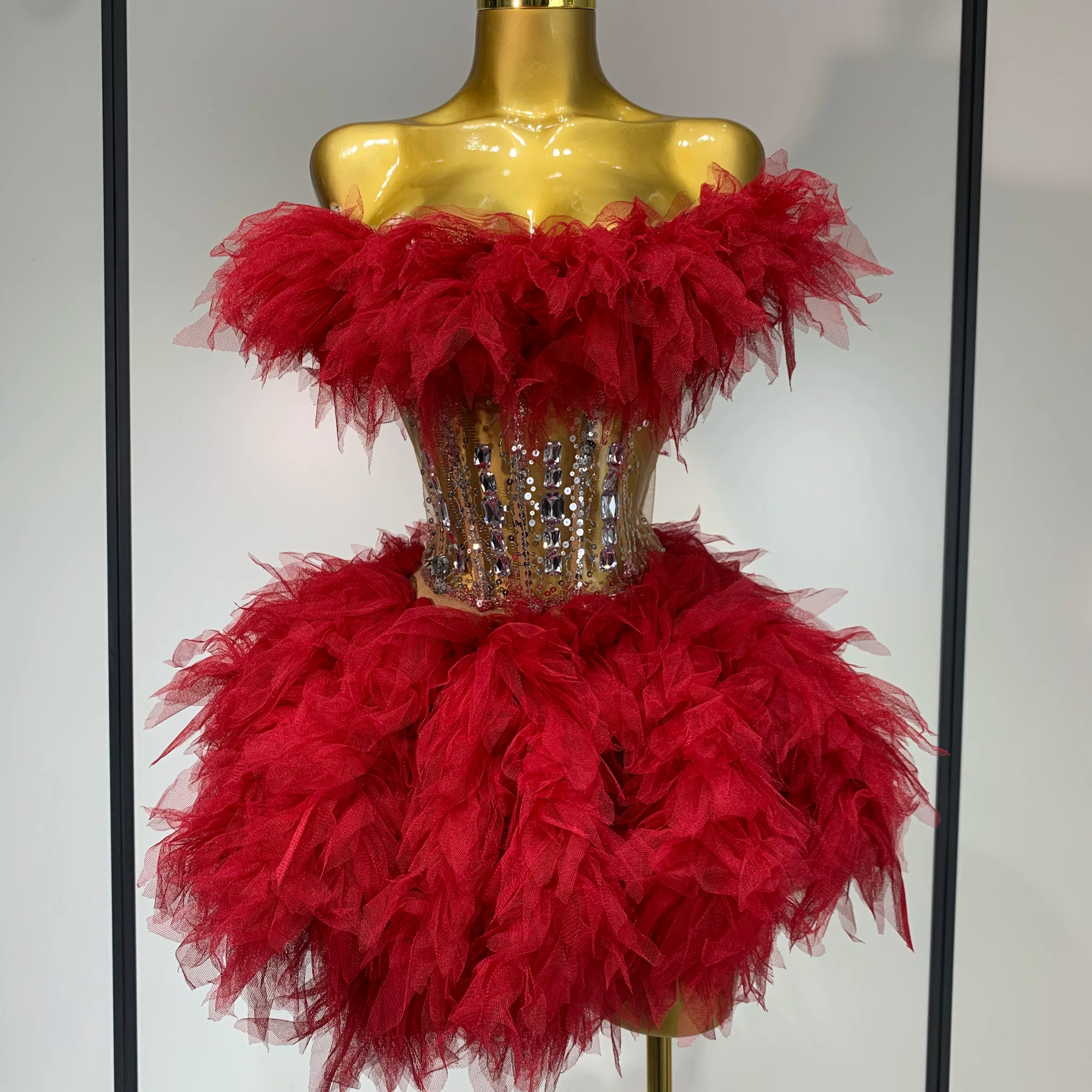 Sexy Strapless Red Mesh Two Pieces Set Singer Nightlcub Party Stage Outfit Photo Shoot 2025 Prom Gown Luxury Birthday Dresses