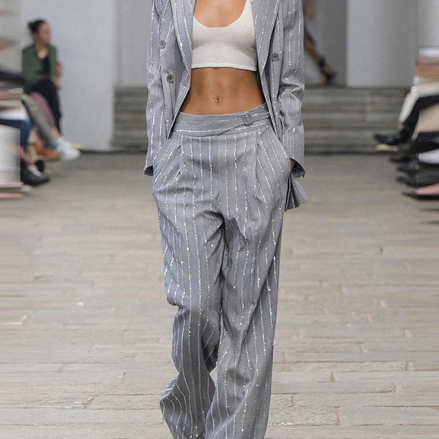 TWOTWINSTYLE Solid Two Piece Set for Women Notched Neck Long Sleeves Patchwork Stripe Blazers High Waist Pant Sets Female New