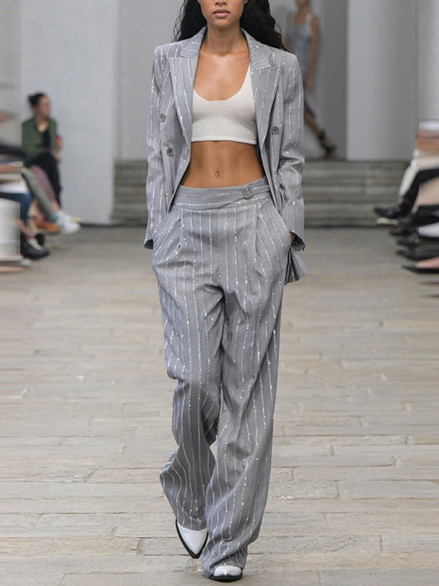 TWOTWINSTYLE Solid Two Piece Set for Women Notched Neck Long Sleeves Patchwork Stripe Blazers High Waist Pant Sets Female New