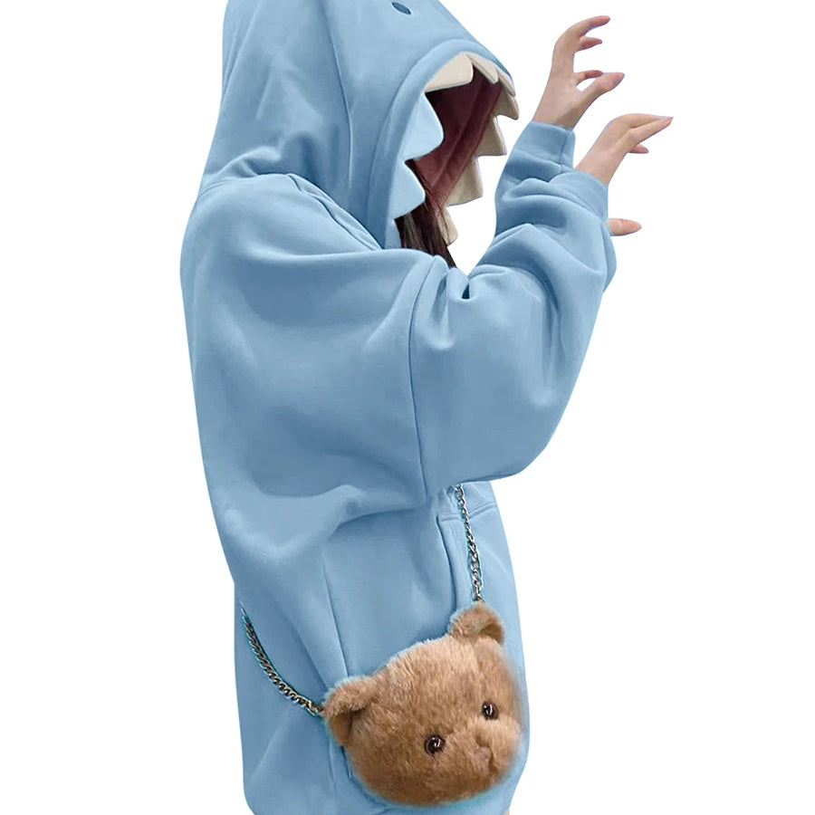 Women Cute Shark Hoodie Long Sleeve Blue Kawaii Animal Shark Shape Hooded Pullover Oversized Aesthetic Sweatshirts for Teen